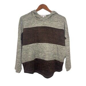 Striped Hooded 3/4 Sleeve Shirt Sand Mocha Womens Medium NWT